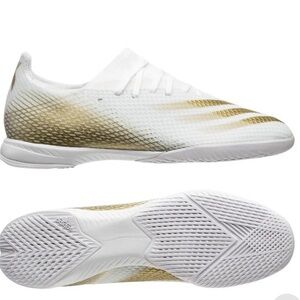 ADIDAS indoor soccer shoes. X GHOSTED .3 IN INFLIGHT - WHITE/METALLIC GOLD
